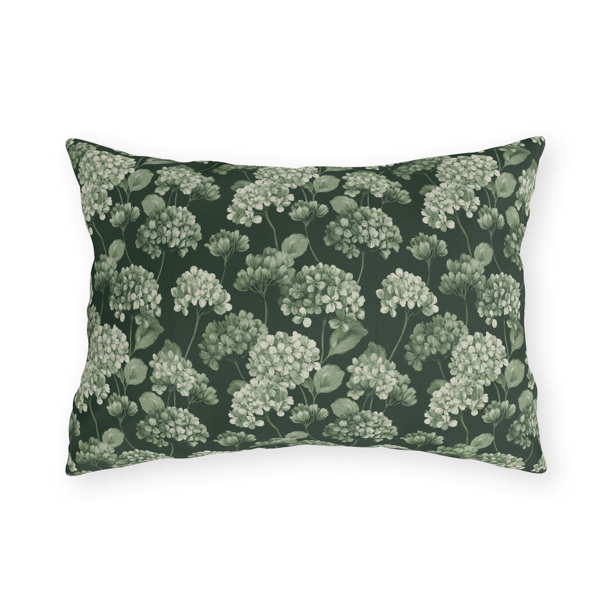 Sage and cream hydrangeas on dark forest green outdoor lumbar pillow