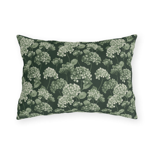 Sage and cream hydrangeas on dark forest green outdoor lumbar pillow