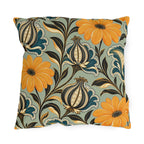 Floral outdoor pillow with folk flowers in mustard, teal and black on sage green