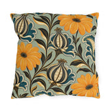 Floral outdoor pillow with folk flowers in mustard, teal and black on sage green