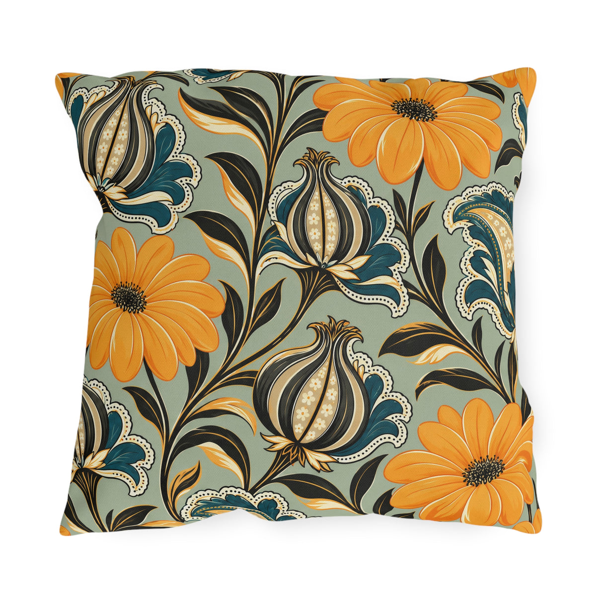 Floral outdoor pillow with folk flowers in mustard, teal and black on sage green
