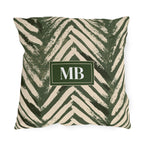 Personalized monogram on a green and cream chevron outdoor pillow