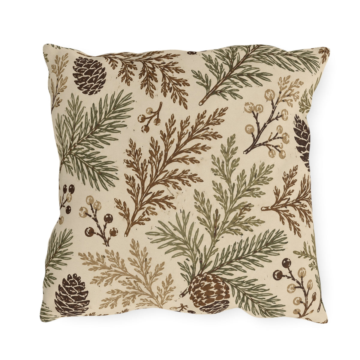 Cedar, spruce and pinecones in sage and brown on a cream outdoor pillow