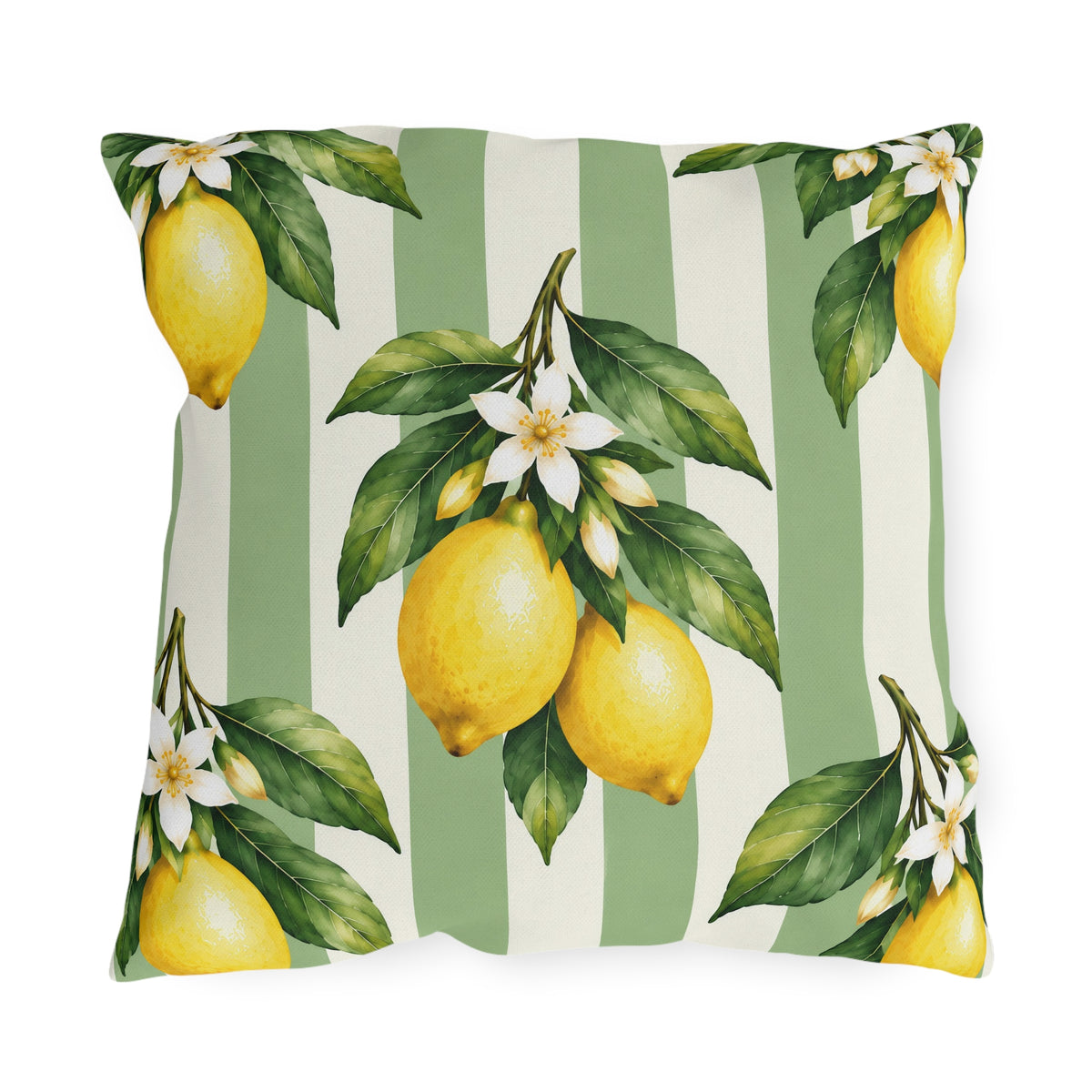 Watercolor lemons with leaves and white blossoms on a sage green and cream striped outdoor pillow