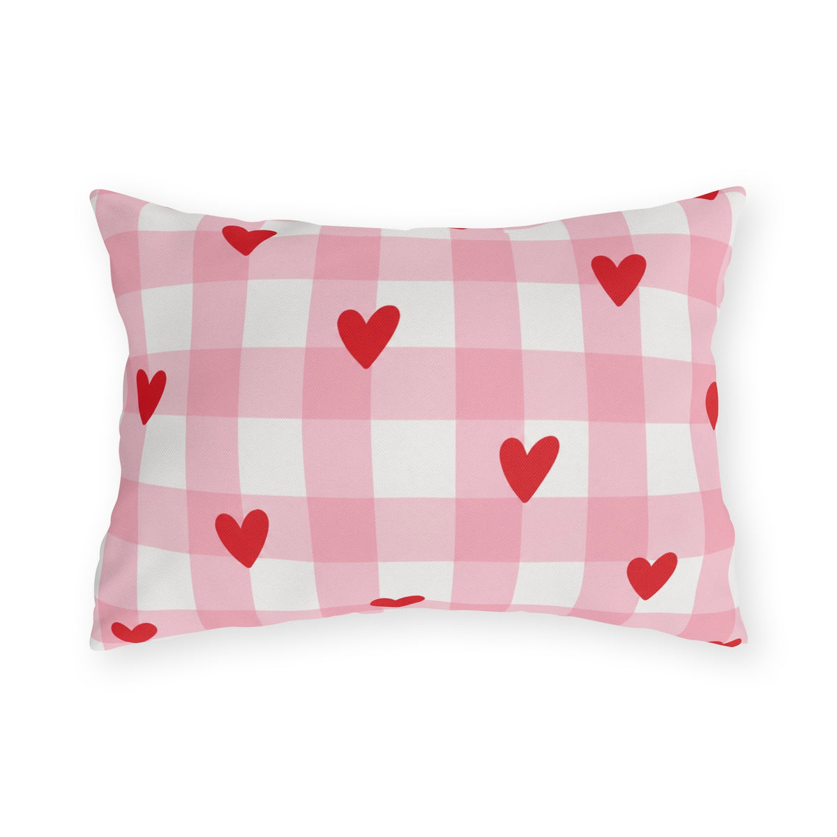 Light pink gingham outdoor lumbar pillow with small red hearts