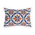 Terracotta and cobalt blue Moroccan tile outdoor lumbar pillow with star-flower mosaic tiles