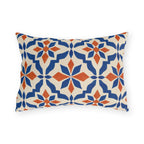 Terracotta and cobalt blue Moroccan tile outdoor lumbar pillow with star-flower mosaic tiles