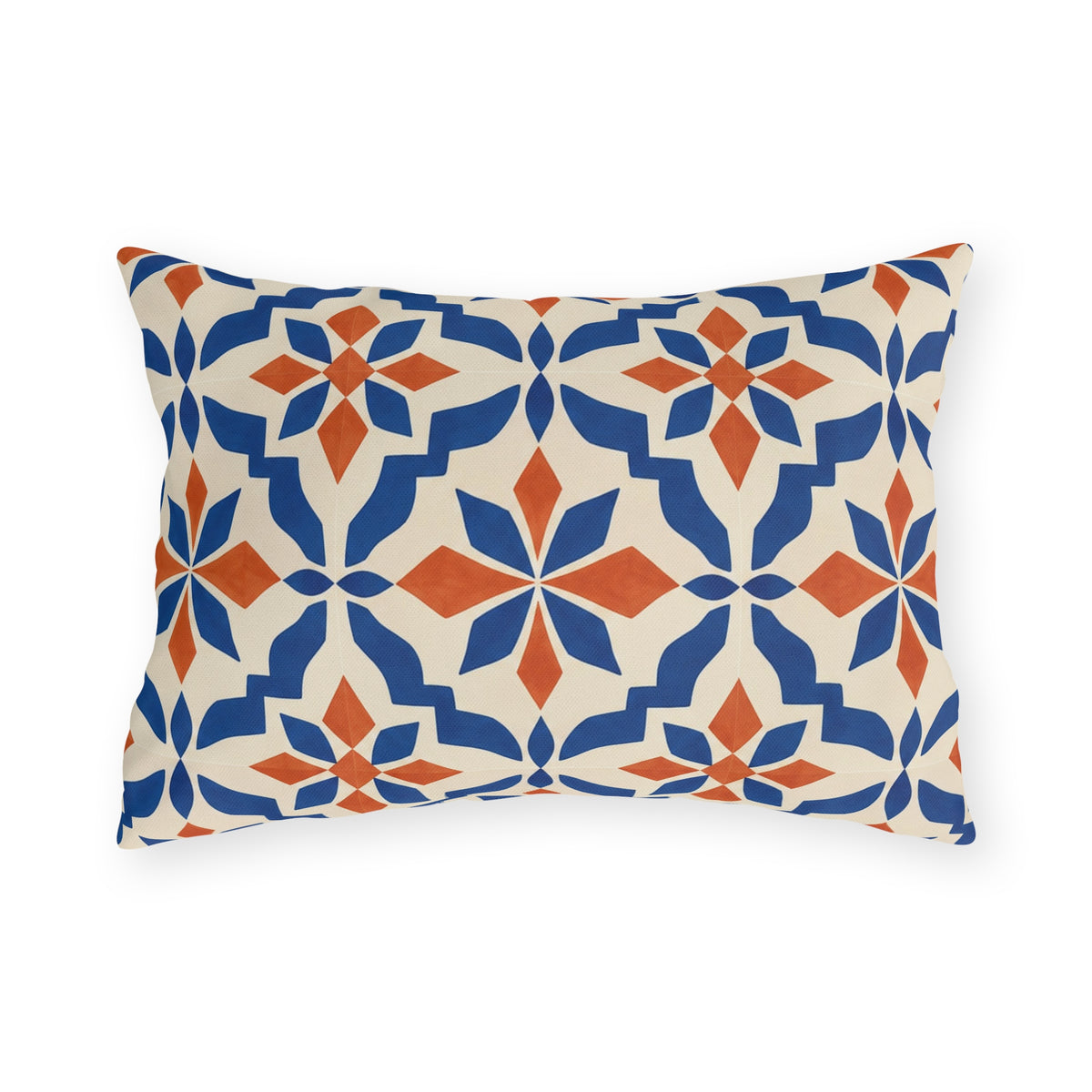 Terracotta and cobalt blue Moroccan tile outdoor lumbar pillow with star-flower mosaic tiles