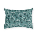 Teal and white poppies and seed heads on teal outdoor lumbar pillow