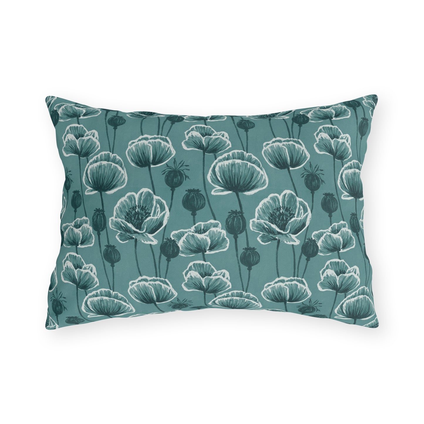 Teal and white poppies and seed heads on teal outdoor lumbar pillow