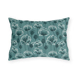 Teal and white poppies and seed heads on teal outdoor lumbar pillow