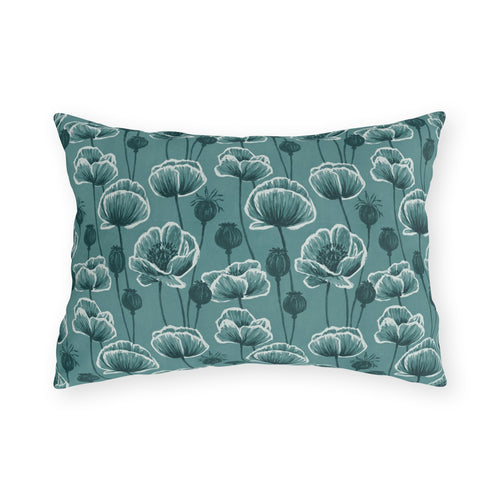 Teal and white poppies and seed heads on teal outdoor lumbar pillow