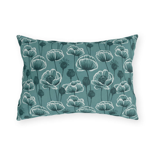 Teal and white poppies and seed heads on teal outdoor lumbar pillow