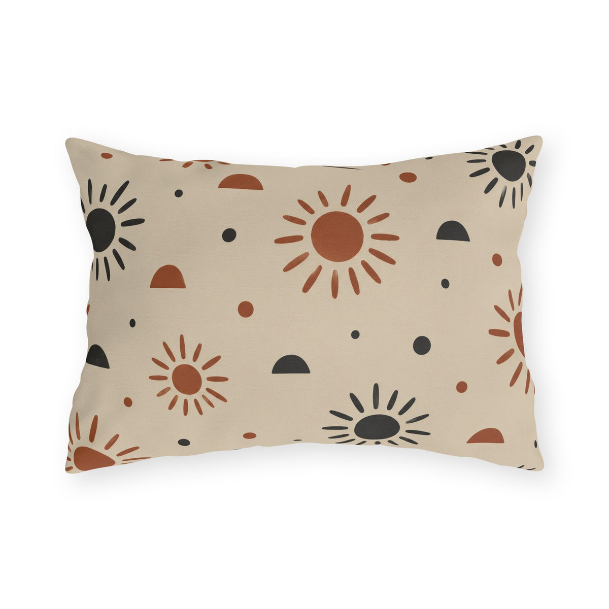 Boho outdoor lumbar pillow with rust and charcoal hand-drawn suns and half circles on light sand