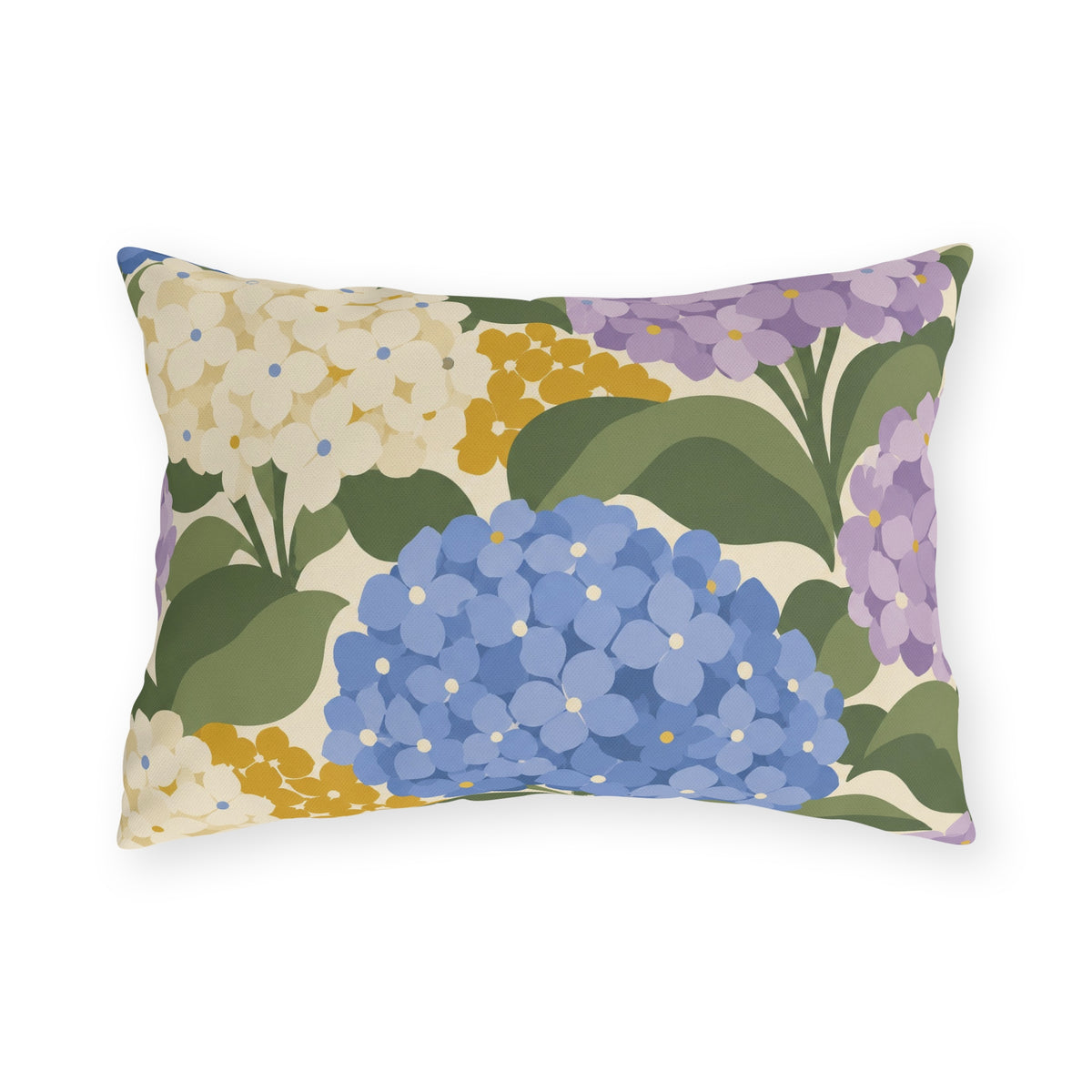 Hydrangea outdoor lumbar pillow with periwinkle blue, lilac and cream hydrangea blooms and sage green leaves
