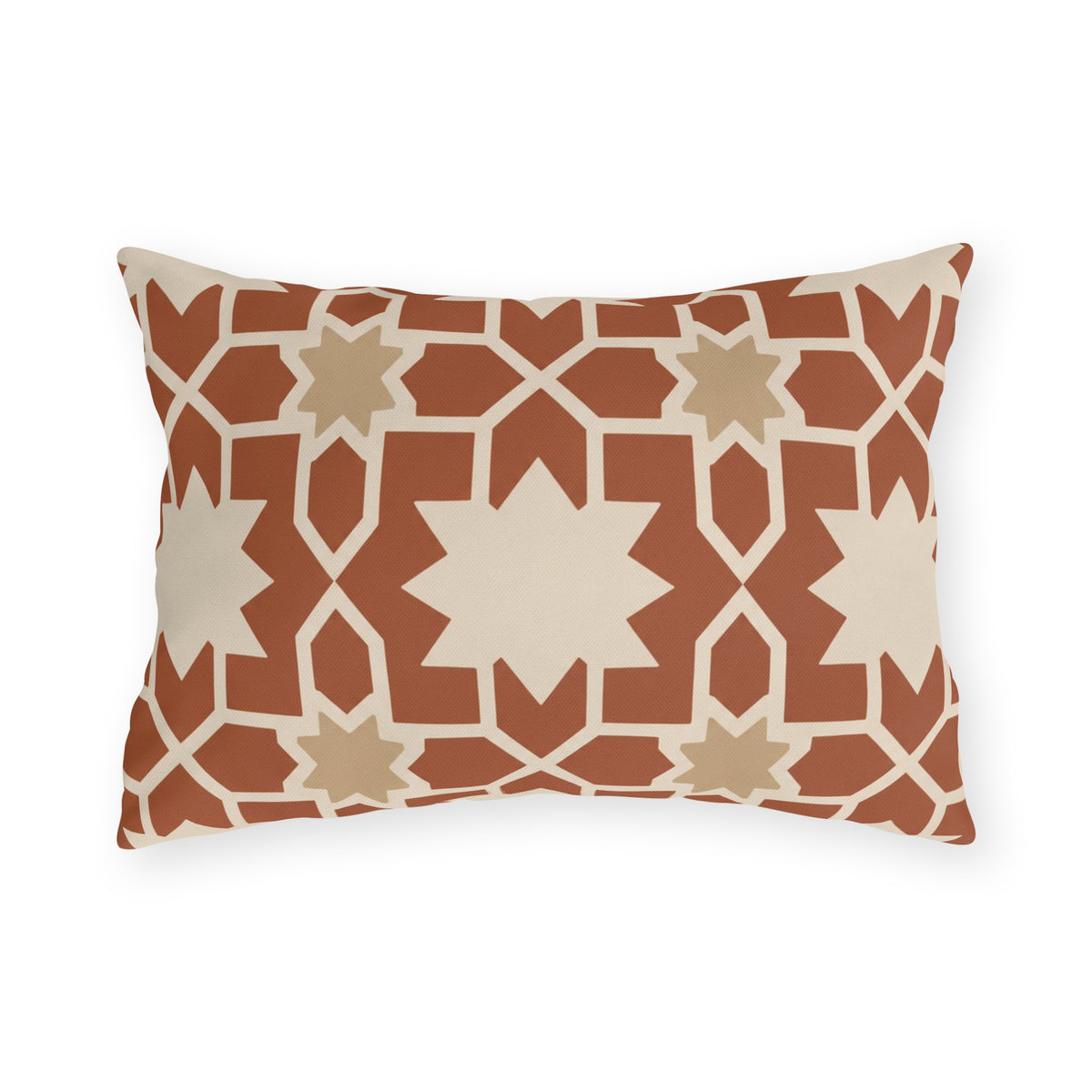 Terracotta Moroccan zellige star tile outdoor lumbar pillow with cream eight-point stars