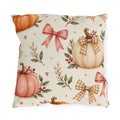 Fall outdoor pillow with watercolor pink, orange and cream pumpkins, gingham and pink bows and berries on cream