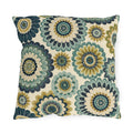 Oversized folk flower outdoor pillow in teal, navy and ochre on cream