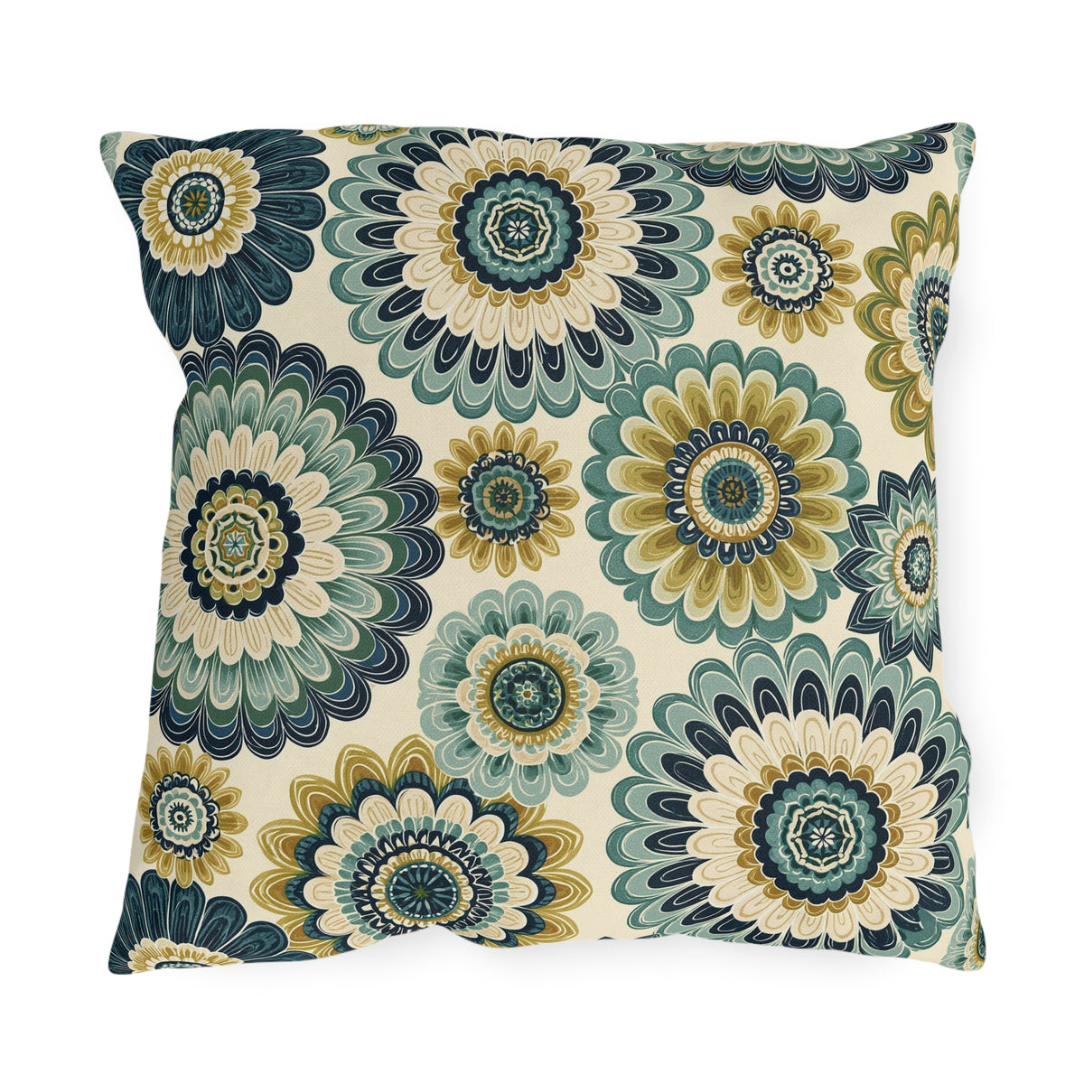 Oversized folk flower outdoor pillow in teal, navy and ochre on cream