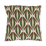 Modern retro outdoor pillow with mid-century ogee shapes in forest green, rust and tan on cream