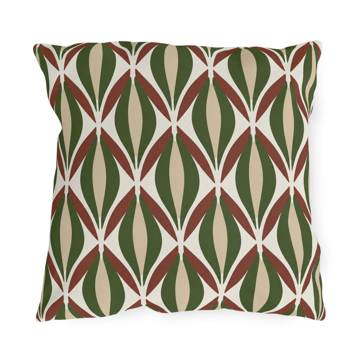 Modern retro outdoor pillow with mid-century ogee shapes in forest green, rust and tan on cream