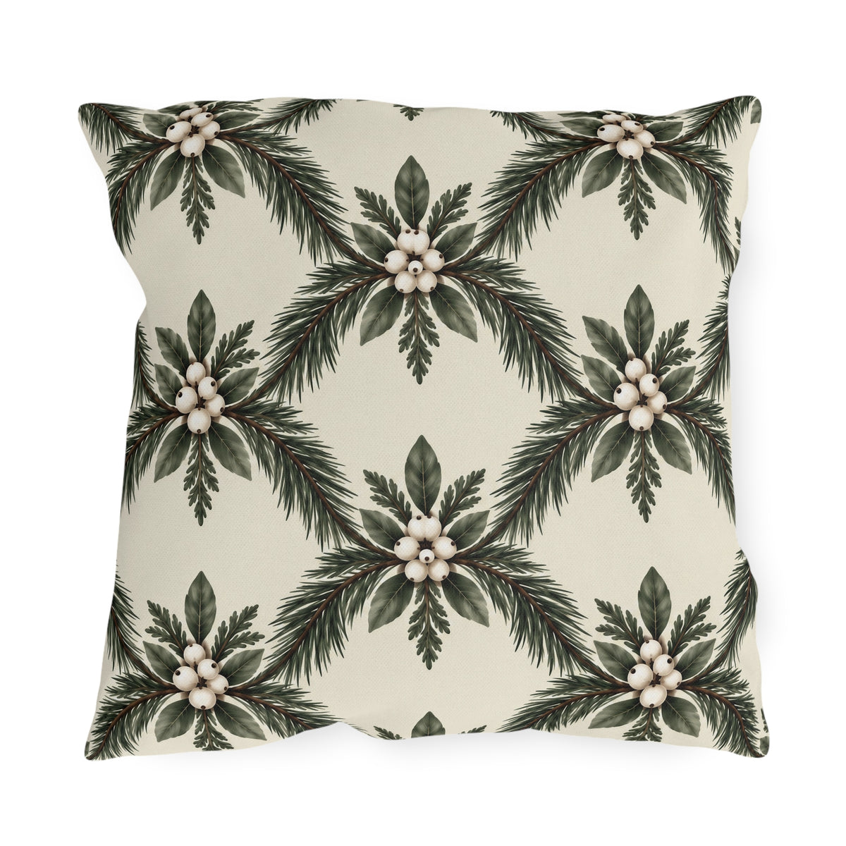 Pine sprays and white berry clusters in a symmetrical lattice on a cream outdoor pillow
