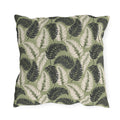 Navy and cream fern fronds on sage green outdoor pillow