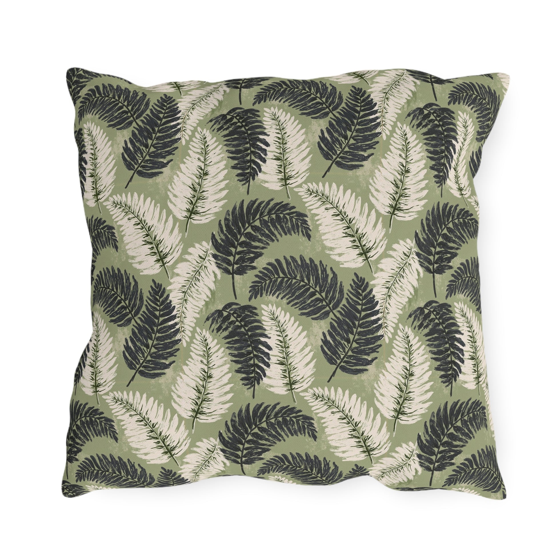 Navy and cream fern fronds on sage green outdoor pillow