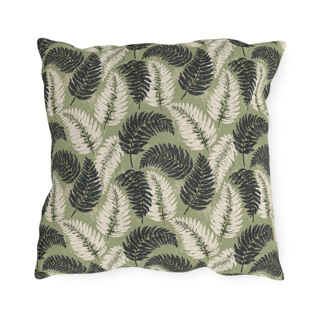 Navy and cream fern fronds on sage green outdoor pillow