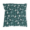 Teal, pine and white autumn leaves on dark teal outdoor pillow
