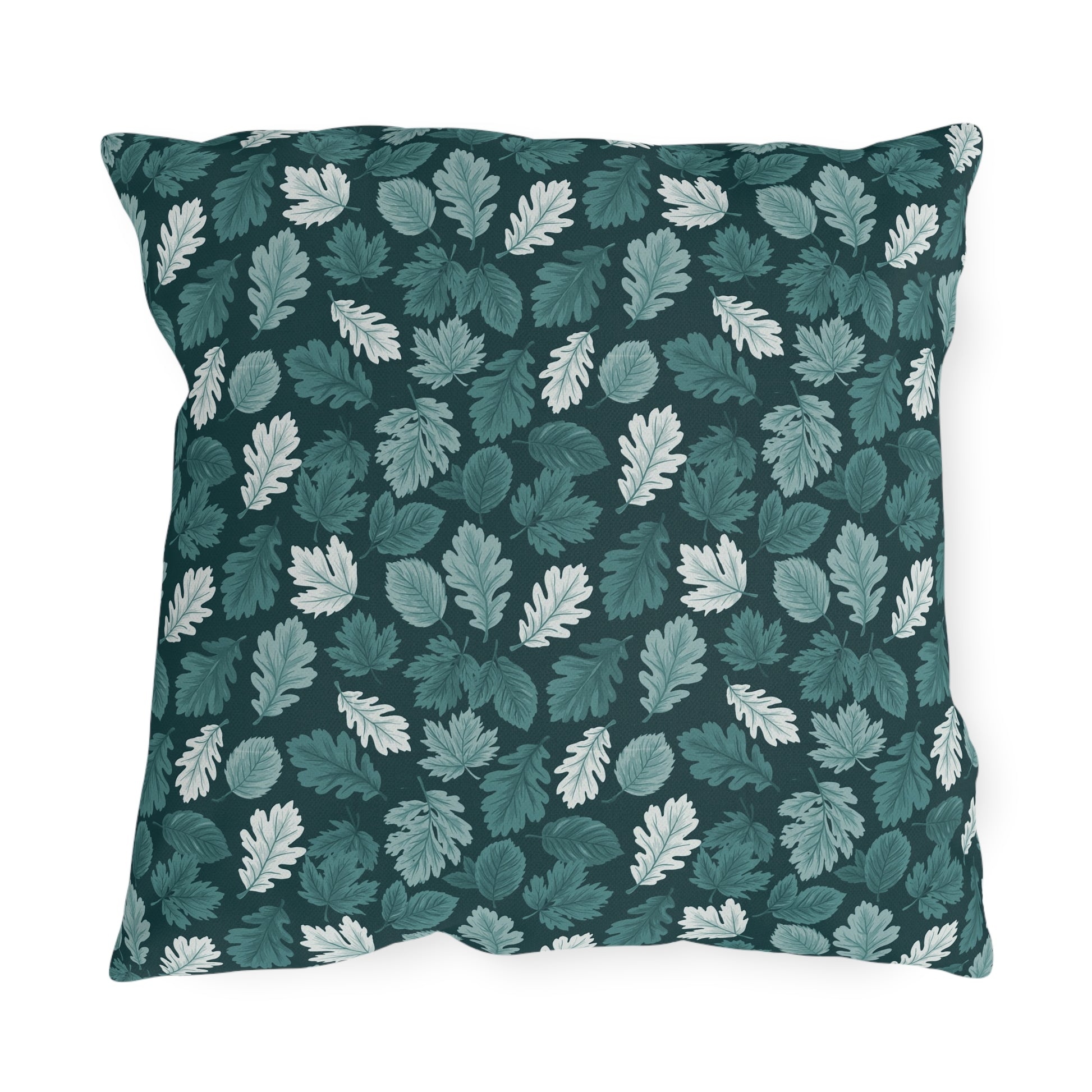 Teal, pine and white autumn leaves on dark teal outdoor pillow