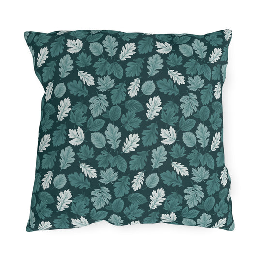 Teal, pine and white autumn leaves on dark teal outdoor pillow