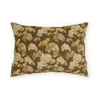 Gold and cream hydrangeas on chocolate brown outdoor lumbar pillow