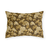 Gold and cream hydrangeas on chocolate brown outdoor lumbar pillow