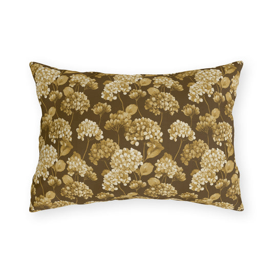 Gold and cream hydrangeas on chocolate brown outdoor lumbar pillow