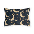 Gold crescent moons and stars on a deep navy outdoor lumbar pillow