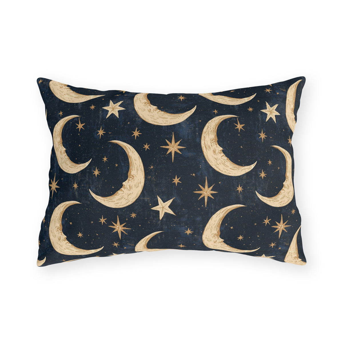Gold crescent moons and stars on a deep navy outdoor lumbar pillow