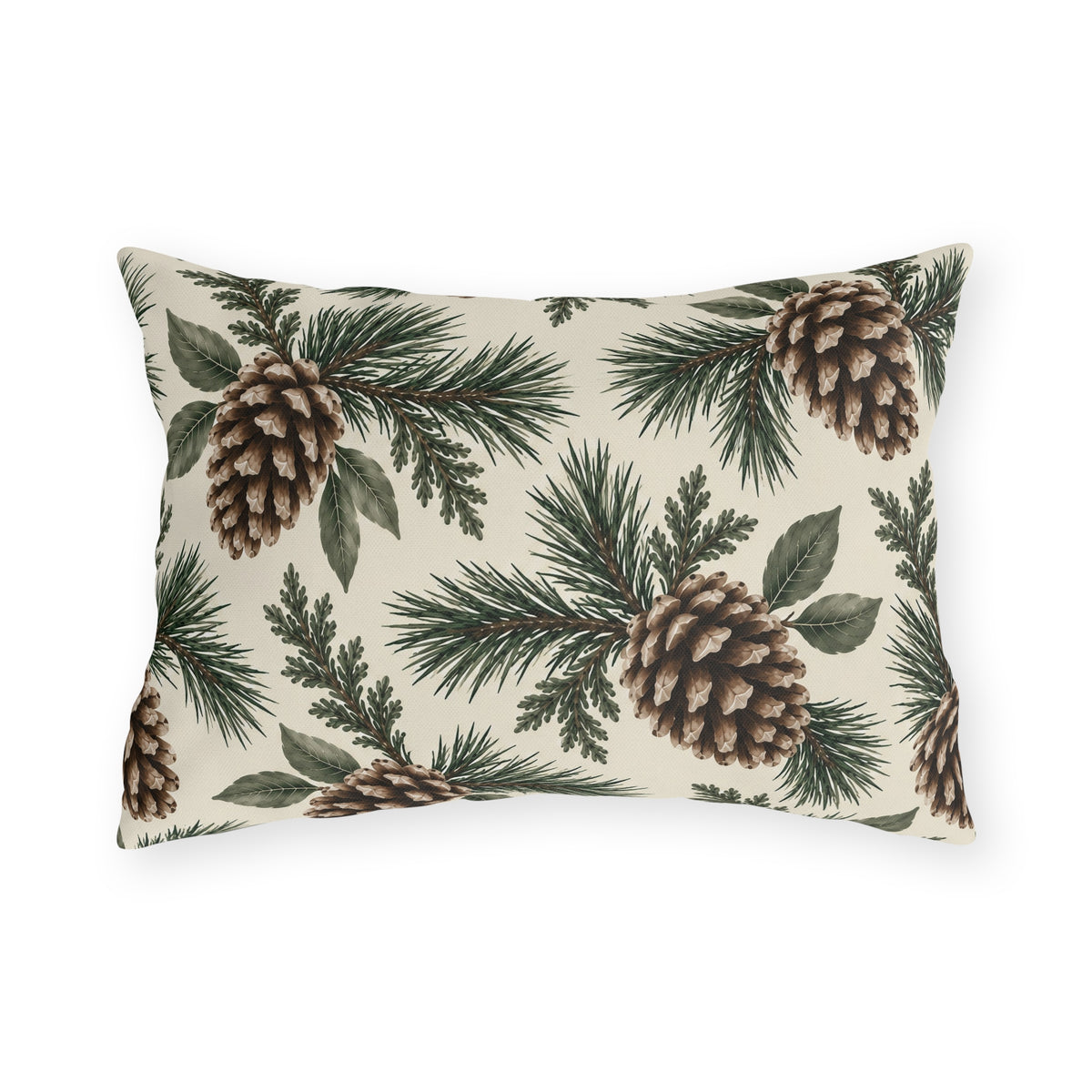 Large pinecones on pine and cedar branches on a cream outdoor lumbar pillow