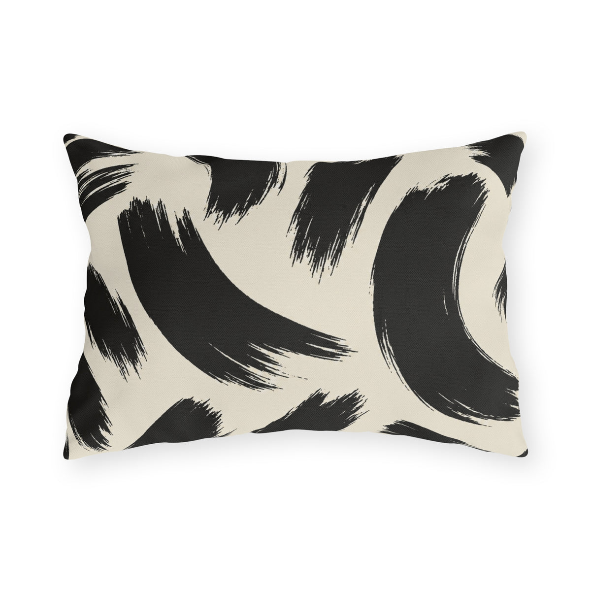 Black and cream outdoor lumbar pillow with loose abstract black brush strokes