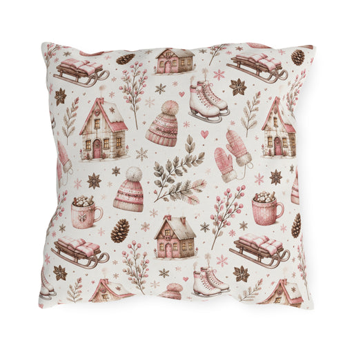 Pink cottages, wooden sleds, ice skates and bobble hats on cream outdoor pillow