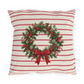 Christmas wreath outdoor pillow with a pine and berry wreath and red bow on cream with cranberry pinstripes