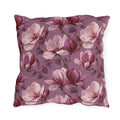 Blush and burgundy painted magnolias on mauve outdoor pillow