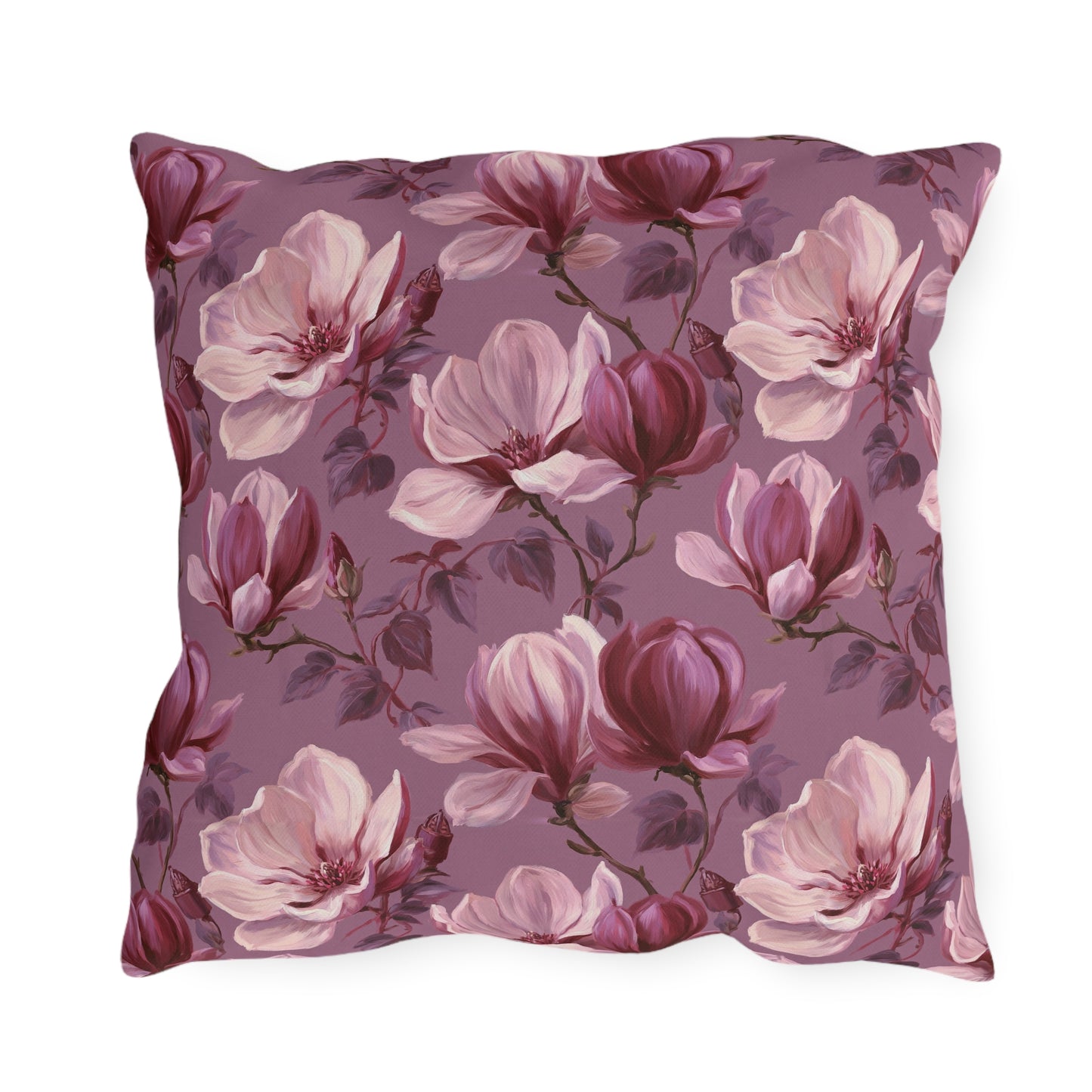 Blush and burgundy painted magnolias on mauve outdoor pillow