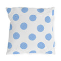 Light blue polka dot outdoor pillow with hand-painted powder blue dots on bright white