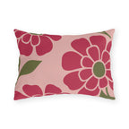 Floral outdoor lumbar pillow with retro raspberry pink flowers, olive green centers and leaves on blush