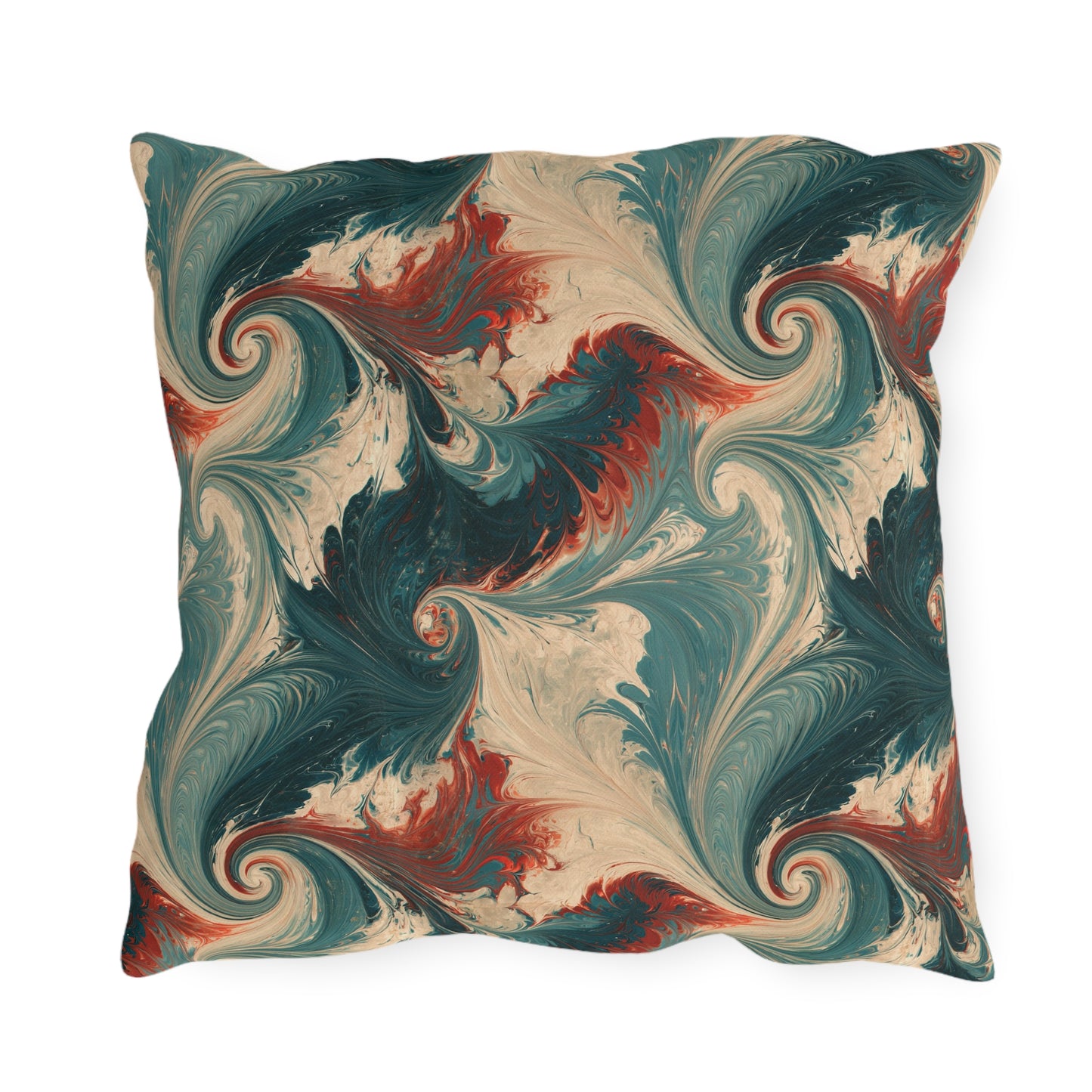 Teal, cream and rust marbled swirl outdoor pillow