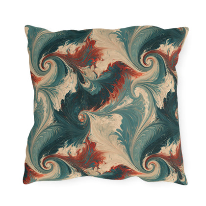 Teal, cream and rust marbled swirl outdoor pillow