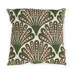 Modern outdoor pillow with olive green art deco fans dotted in red on cream