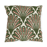 Modern outdoor pillow with olive green art deco fans dotted in red on cream