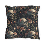 Gothic skulls, dusty roses and candles on dark charcoal outdoor pillow